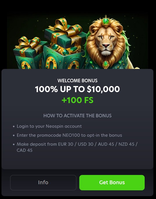 Neospin welcome bonus codes NEO1 to NEO4 for AUD accounts